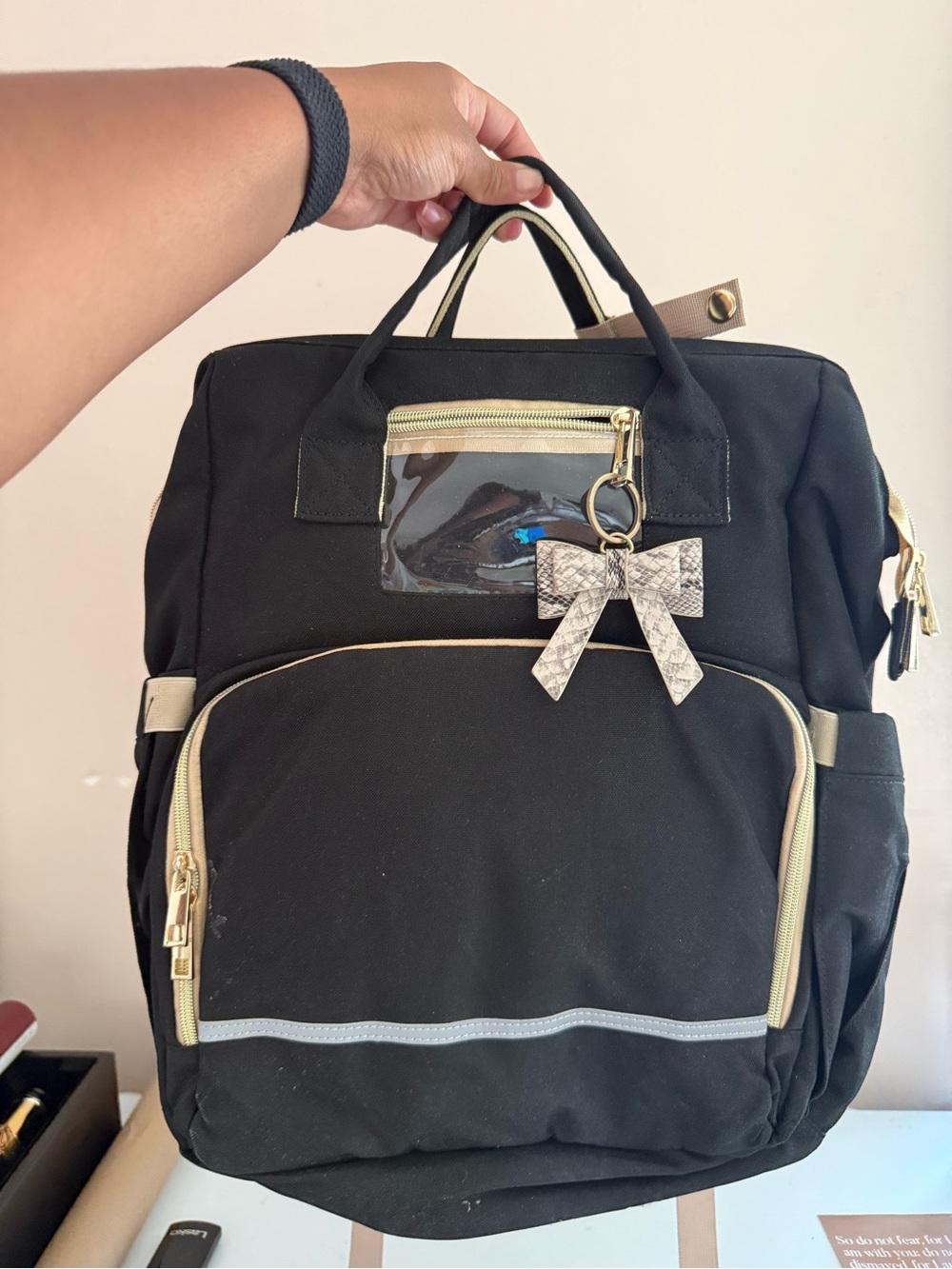 Black Diaper Bag/ Backpack Tote with Gold Accents